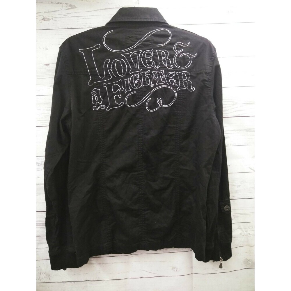 Tankfarm Mens Shirt Jacket Button Front Long Sleeve Black Lover & a Figthter M